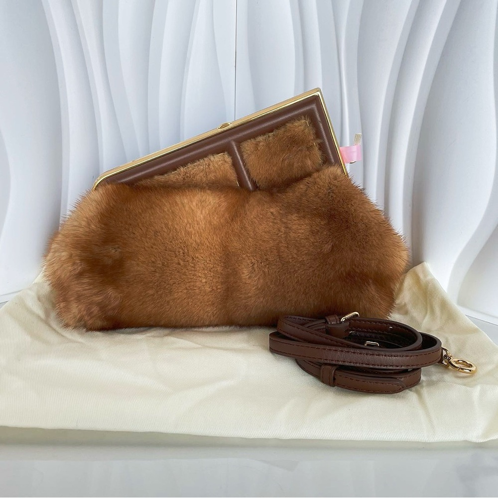 Fendi First Mini Mink Fur F-Buckle Brown Clutch Crossbody Bag